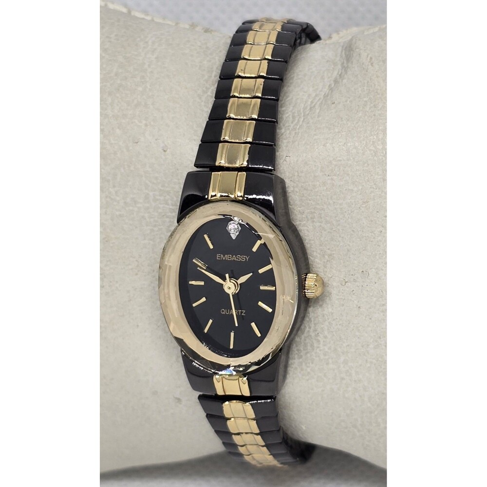 Woman's Embassy Elegant Petite Oval Black Gold Two Tone Expansion Watch 10 - Picture 2 of 8